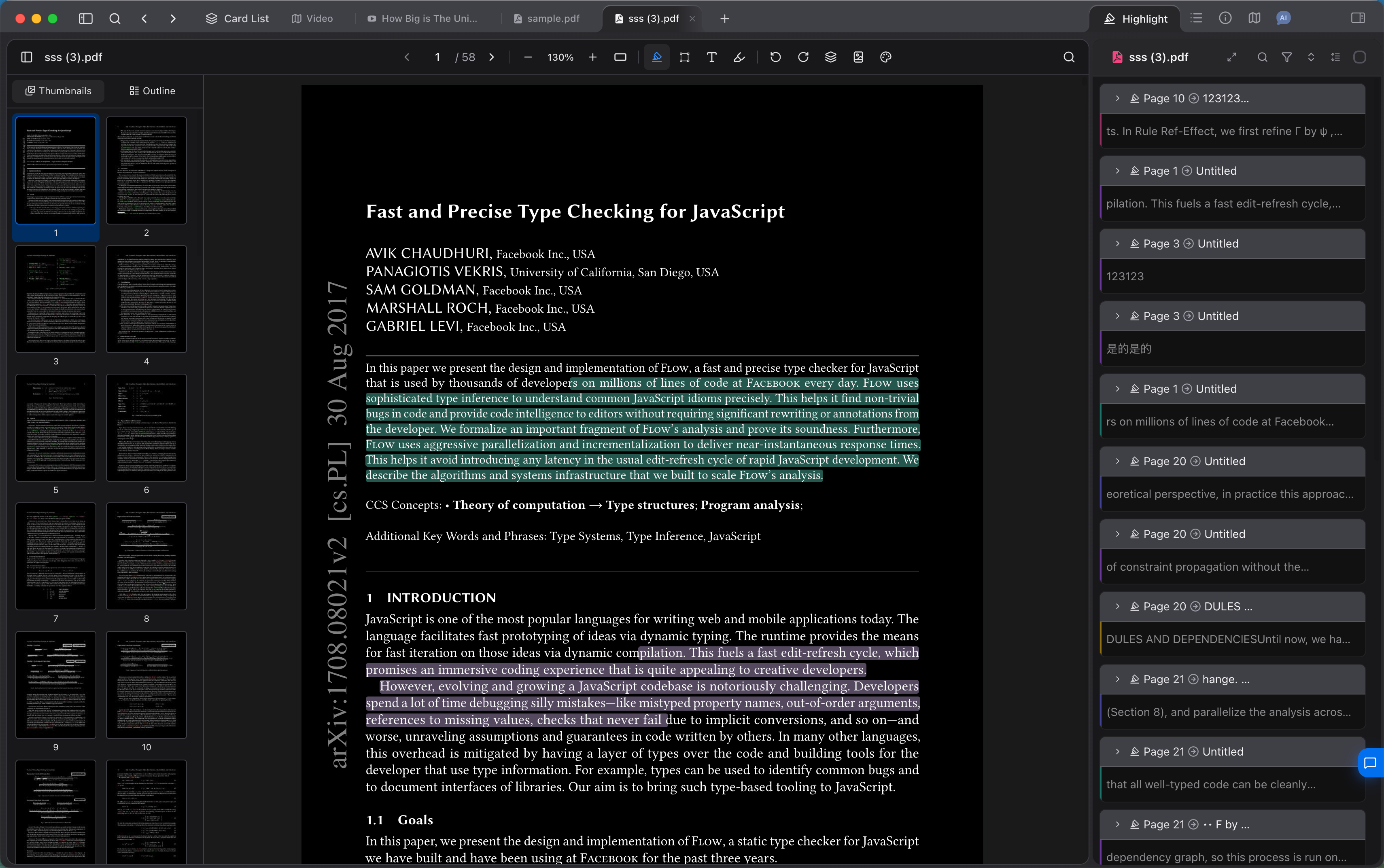 A PDF open for reading, with page thumbnails on the left and a highlight list on the right